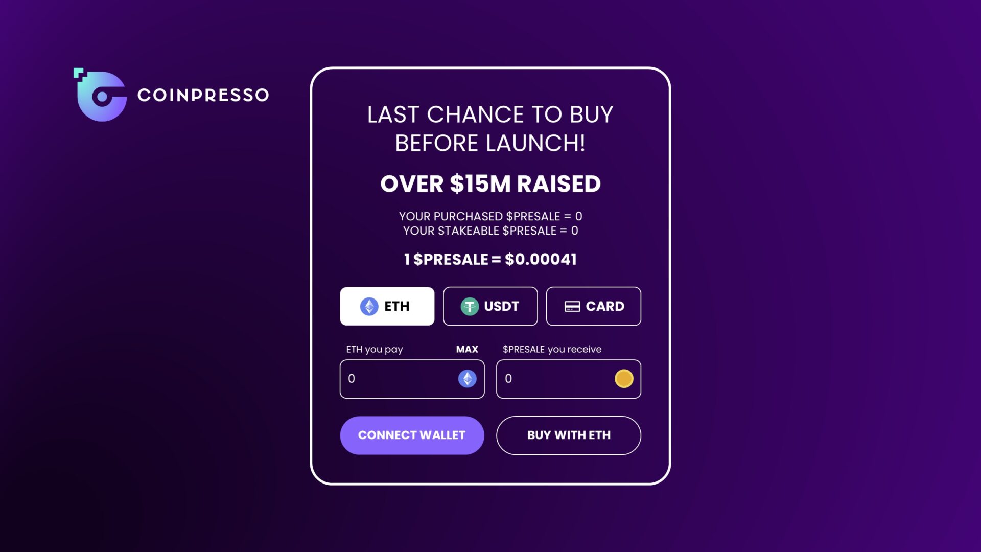 Generally, crypto pre-sales will require users to trade popular cryptocurrencies like ETH and USDT for tokens.